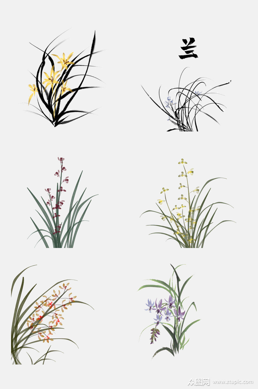 简洁大气中国风水墨兰花兰草免抠素材