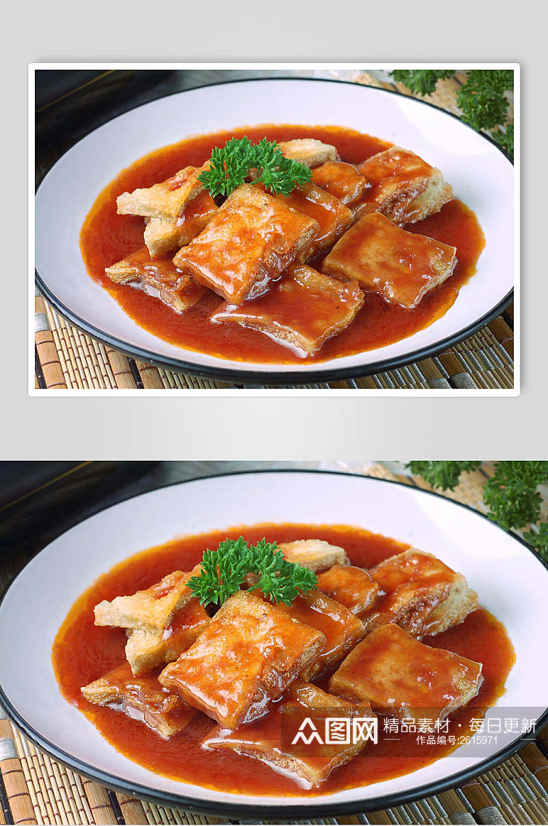 茄汁脆皮豆腐食物高清图片素材
