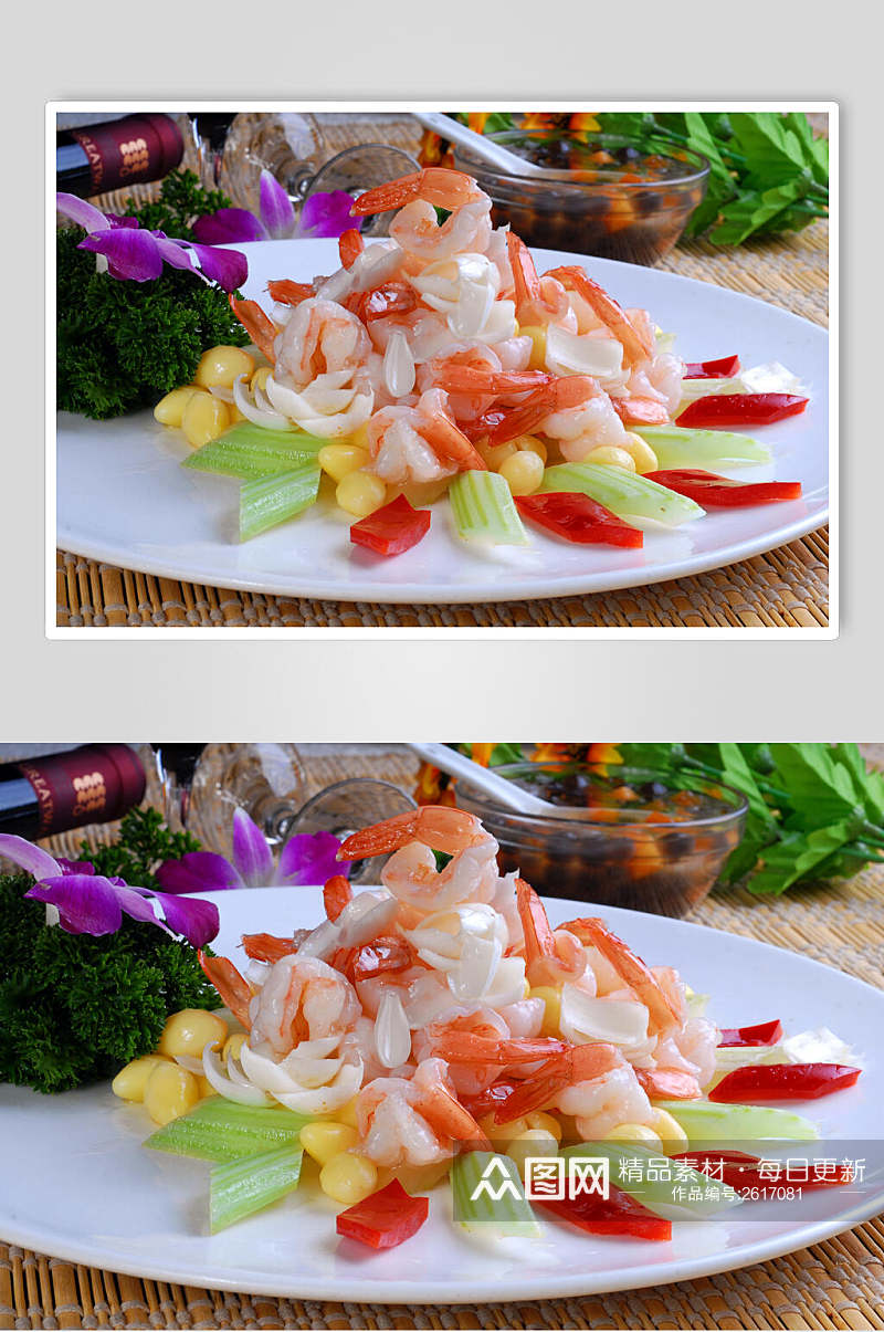 西芹百合溜虾球食物高清图片素材