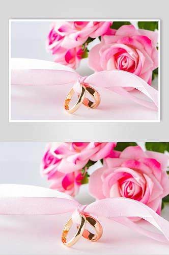 粉色玫瑰红婚戒对戒图片