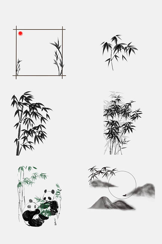 中国风水墨竹子熊猫植物免抠素材
