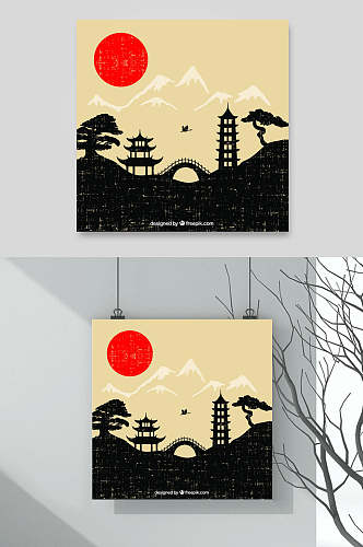 水彩水墨樱花富士山风景建筑背景素材