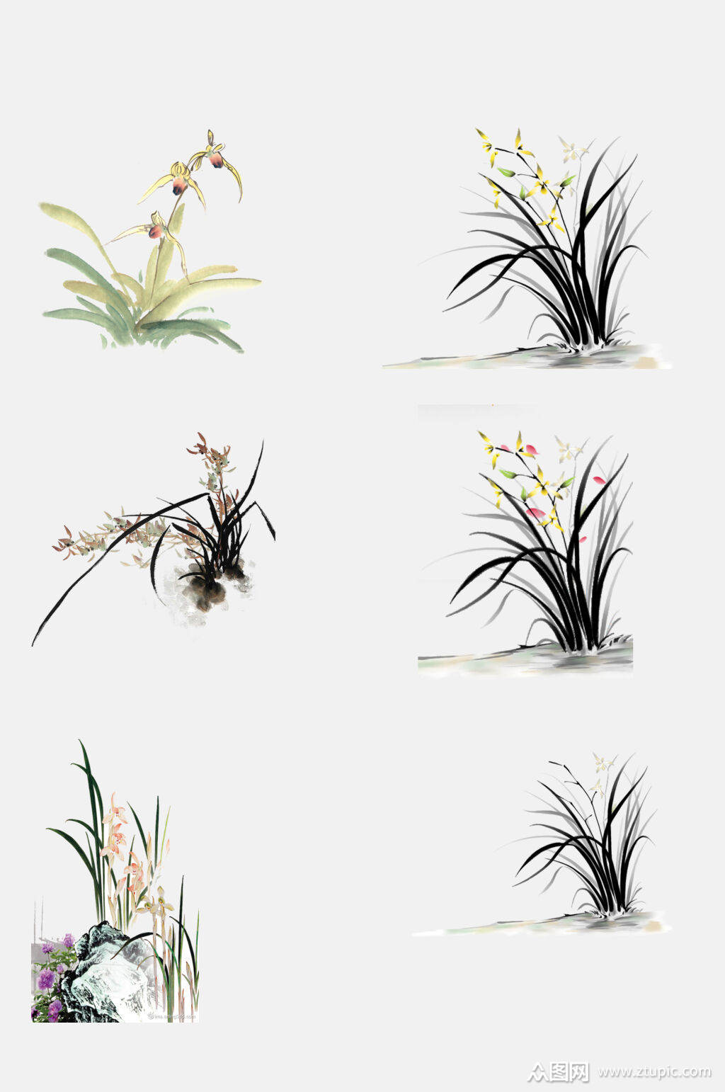 时尚中国风水墨兰花兰草免抠素材