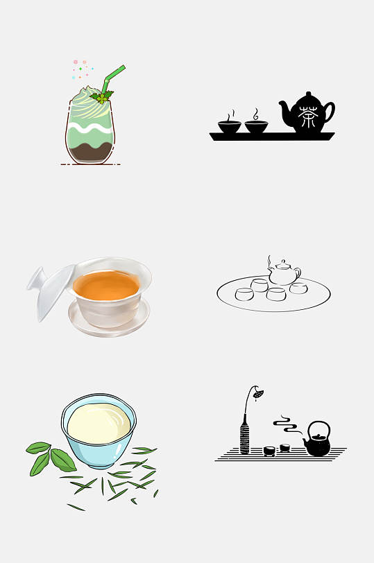 简洁水彩饮品茶壶茶杯茶具免抠素材