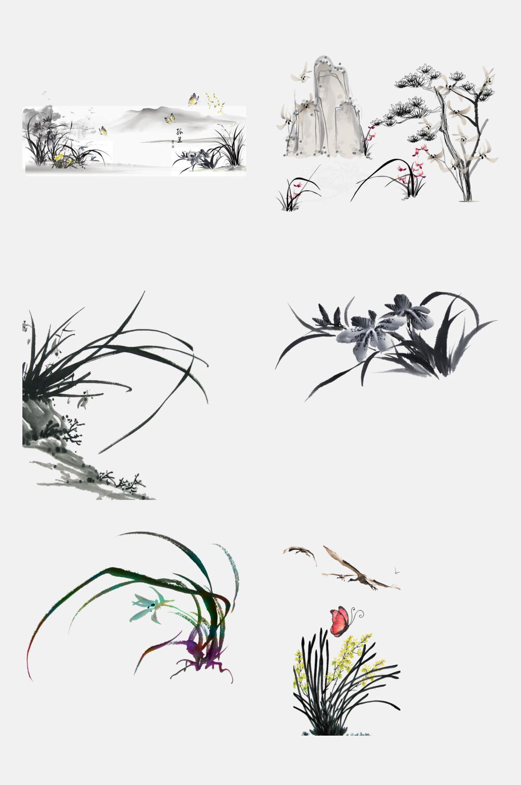 中国风水墨山水兰花兰草免抠素材
