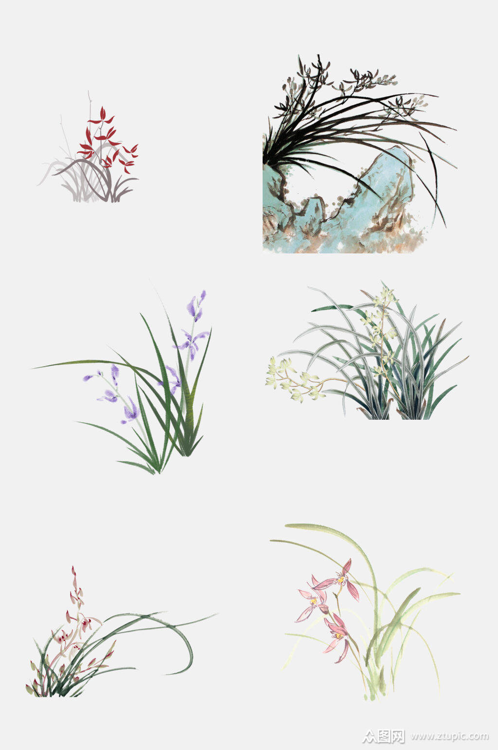 唯美中国风水墨植物兰花兰草免抠素材
