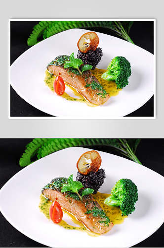 主菜麦列尔三文鱼排配黑米餐饮高清图片