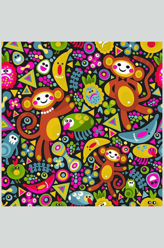 精美动植物猴子插画图案矢量素材
