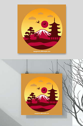 水彩水墨樱花富士山建筑背景素材