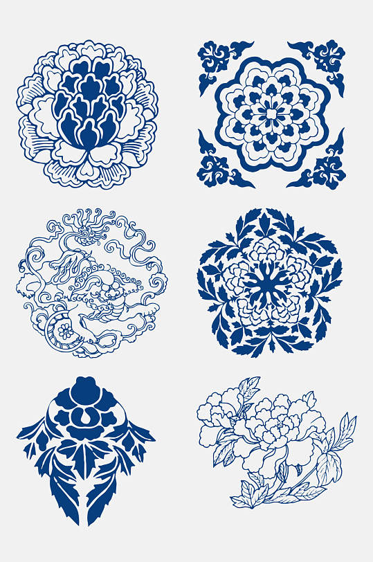 精致古代青花瓷图案花纹免抠元素