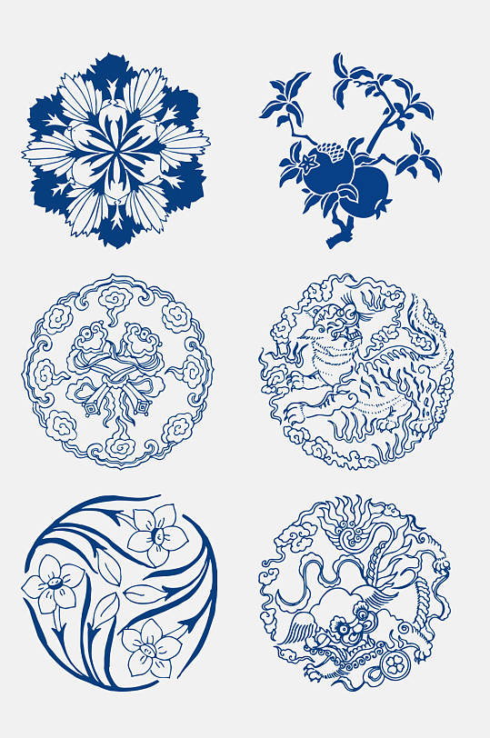 精美古代青花瓷图案花纹免抠元素