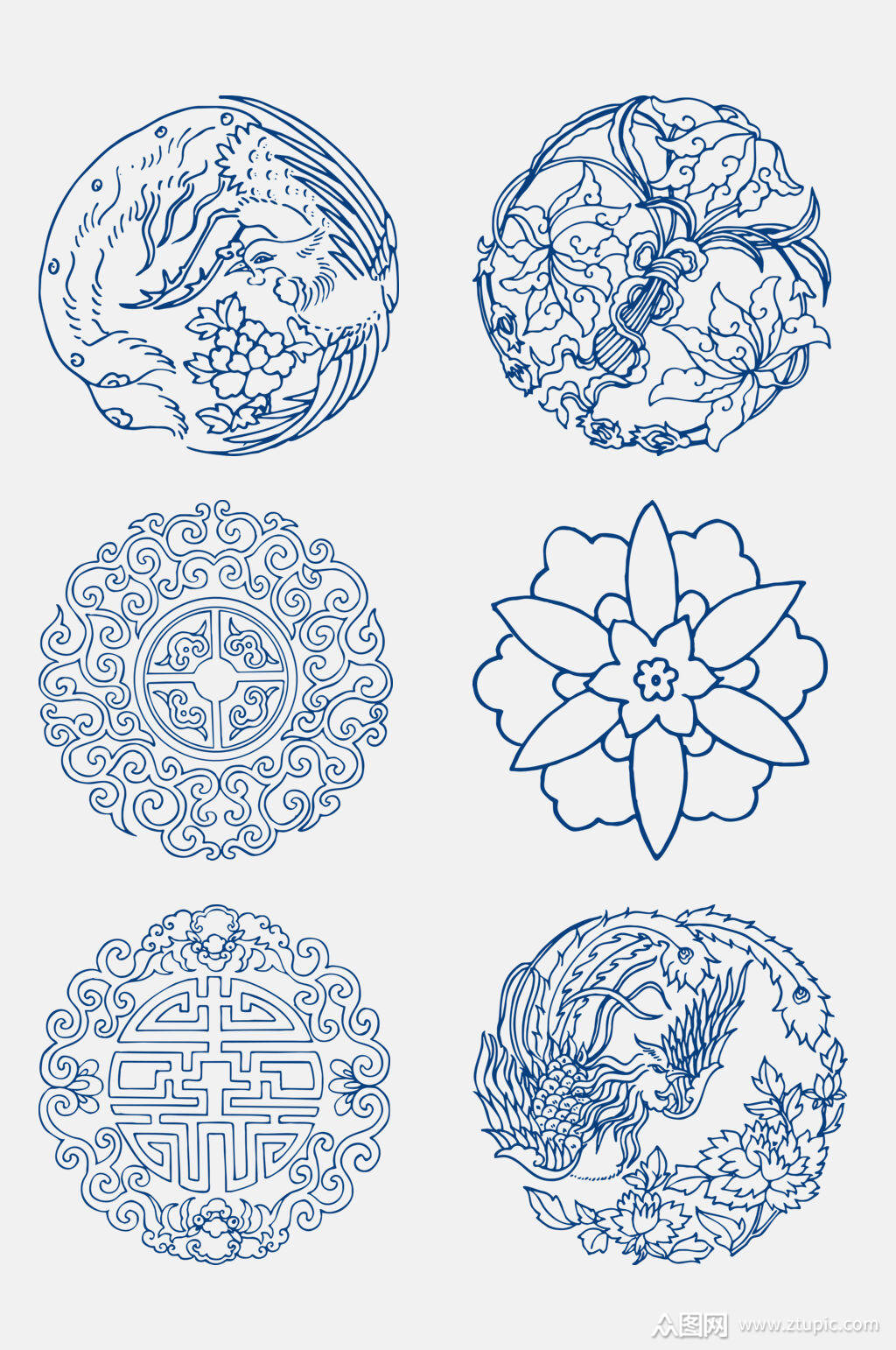 古代花朵婚礼青花瓷图案花纹免抠元素素材