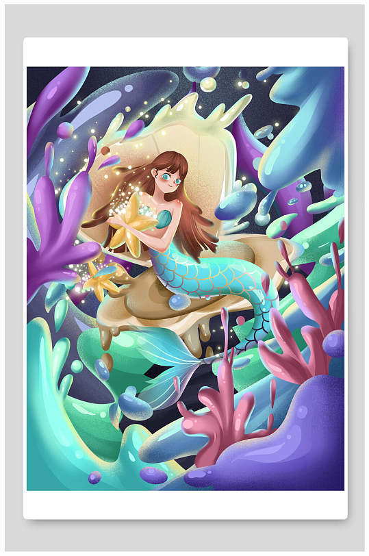 唯美清新素雅海洋动物人物卡通插画