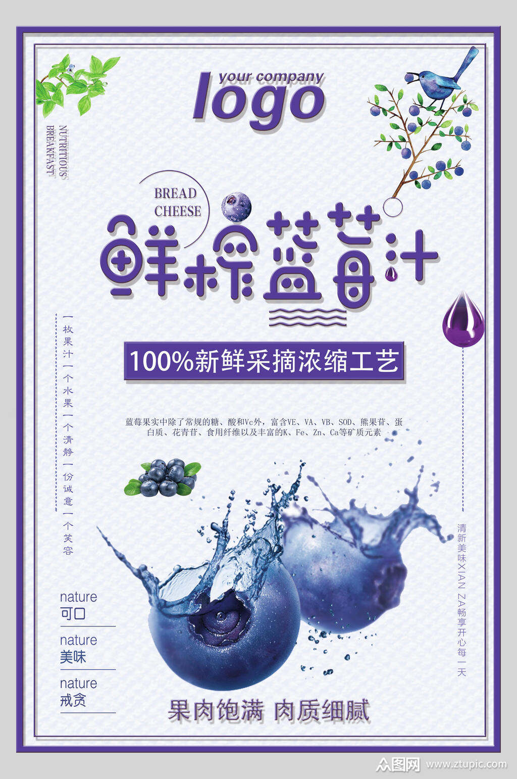 果肉饱满蓝莓果汁饮品清爽海报