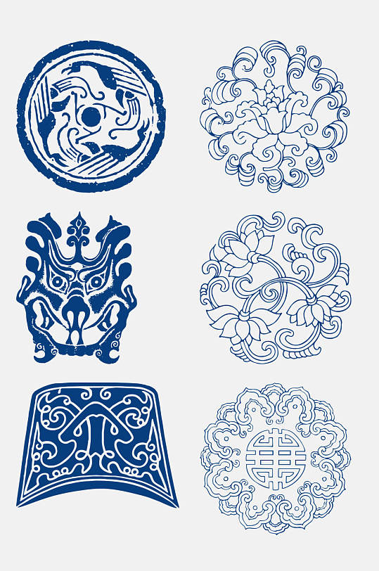 精致蓝色古代青花瓷图案花纹免抠元素