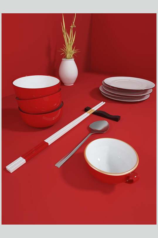红色筷子盘子碗包装VI样机