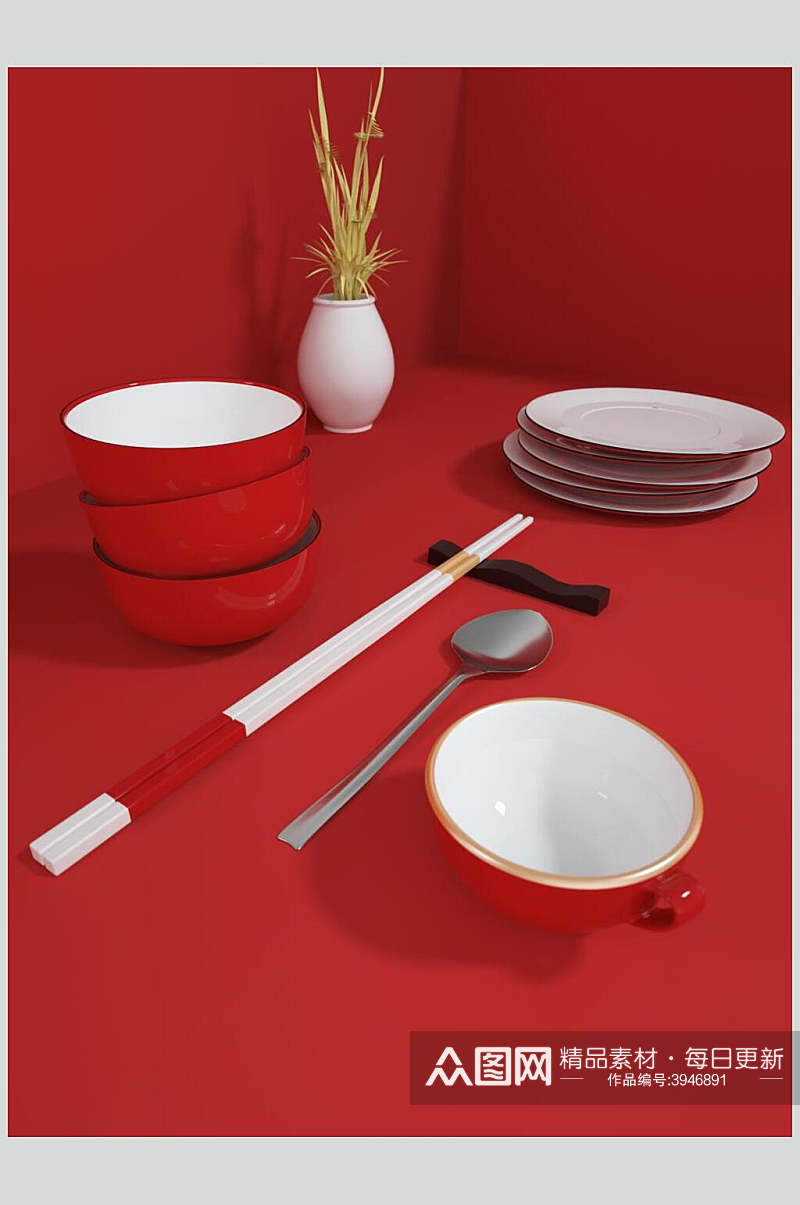 红色筷子盘子碗包装VI样机素材