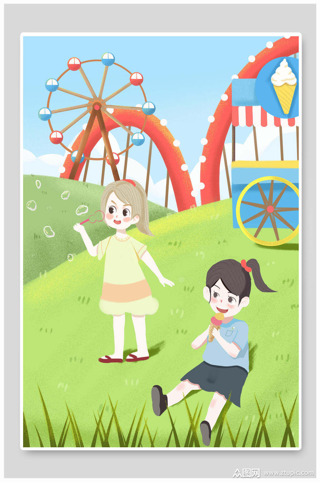 绿色清新创意高端六一儿童节插画