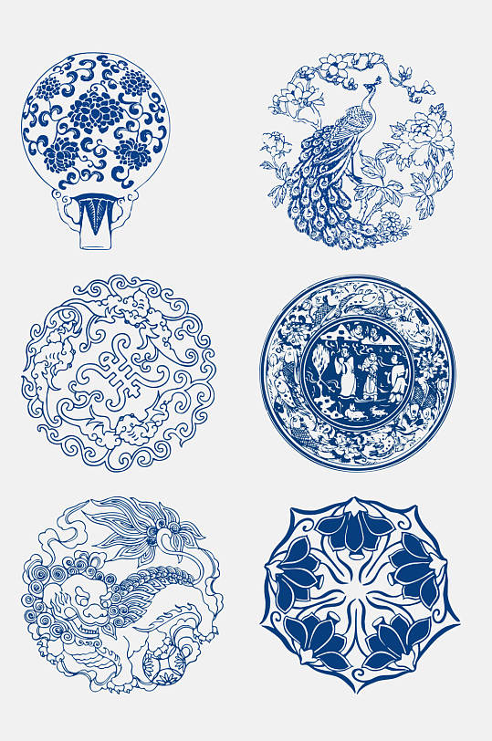 古代精美凤凰青花瓷图案花纹免抠元素