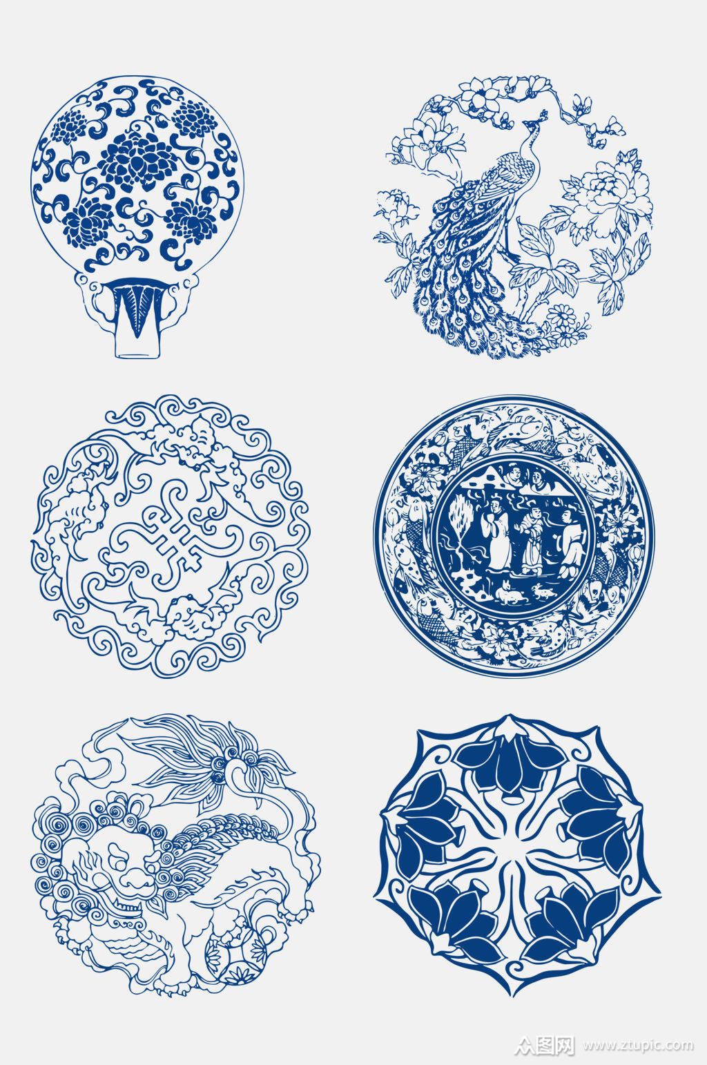古代精美凤凰青花瓷图案花纹免抠元素