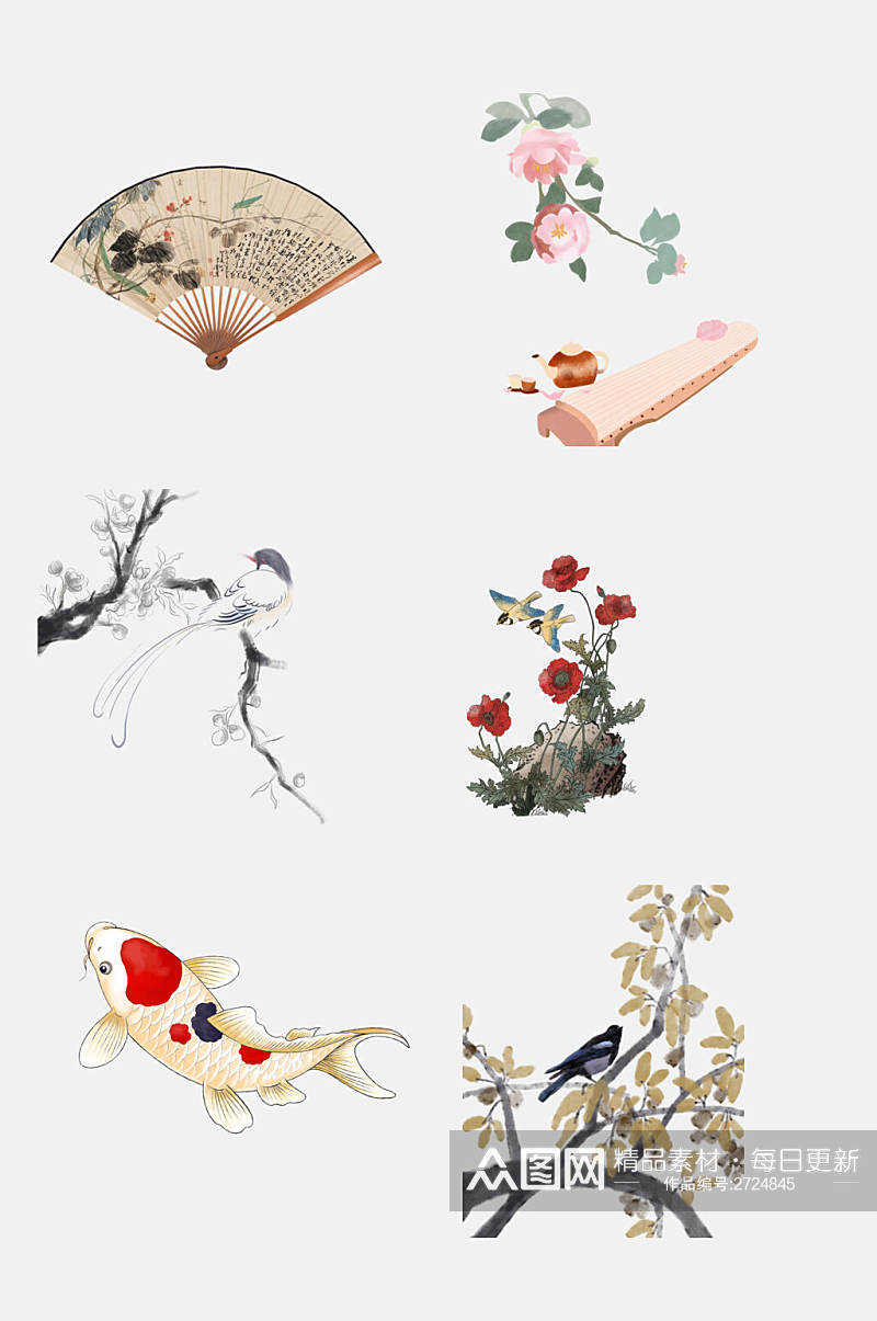 中式中国古风锦鲤花卉植物免抠元素素材