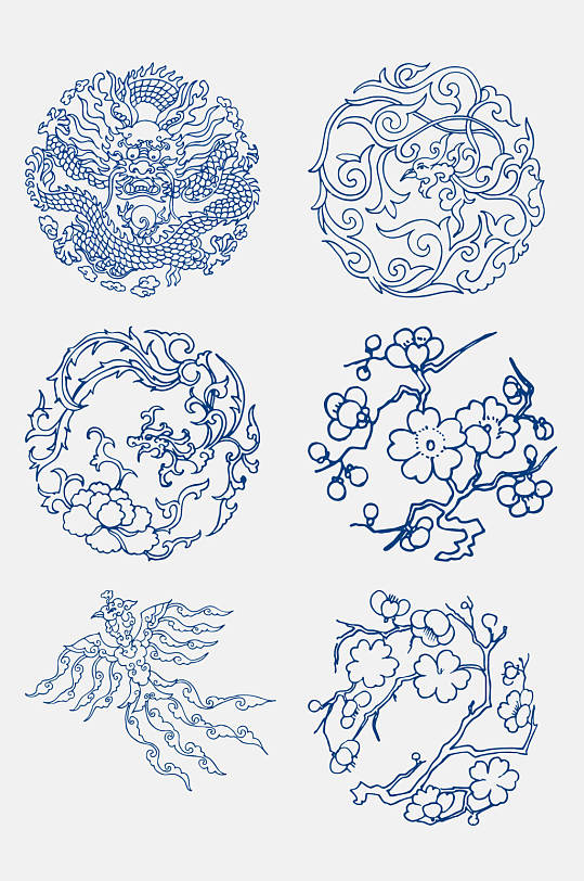 手绘古代花卉凤凰青花瓷图案花纹免抠元素