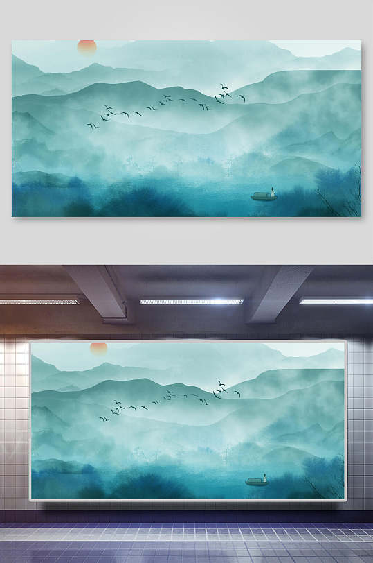 绿色手绘高端大气新中式山水背景