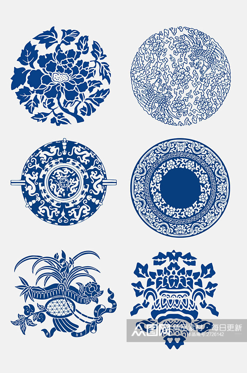 中国风古代青花瓷图案花纹免抠设计元素素材