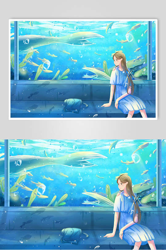 蓝色手绘清新海洋动物人物卡通插画
