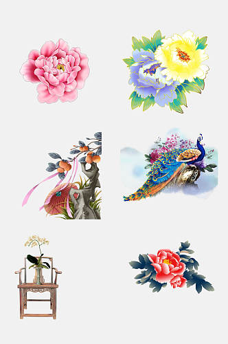 水彩唯美中国古风花卉植物免抠元素