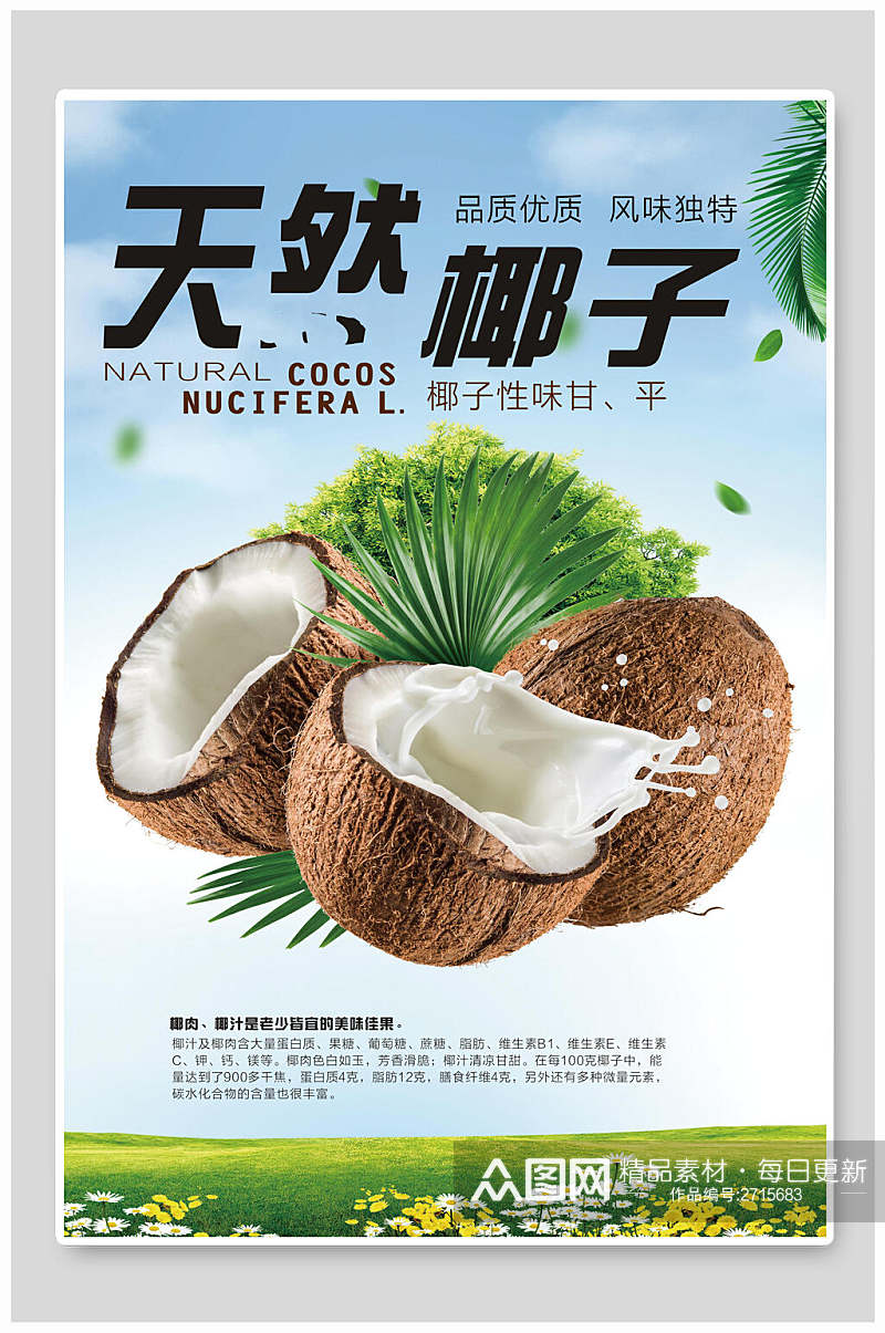 天然椰子果汁饮品清爽海报素材
