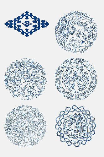 古代手绘花卉青花瓷图案花纹免抠元素