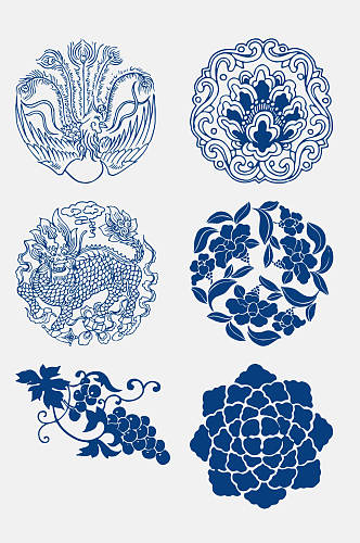 蓝色创意古代青花瓷图案花纹免抠元素