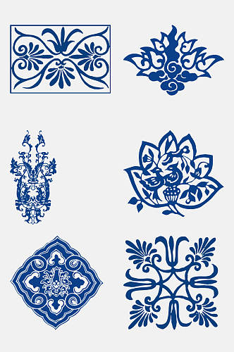 简洁蓝色古代花卉青花瓷图案花纹免抠元素
