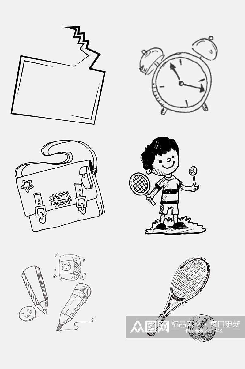 卡通手绘网球时钟包包免抠元素素材