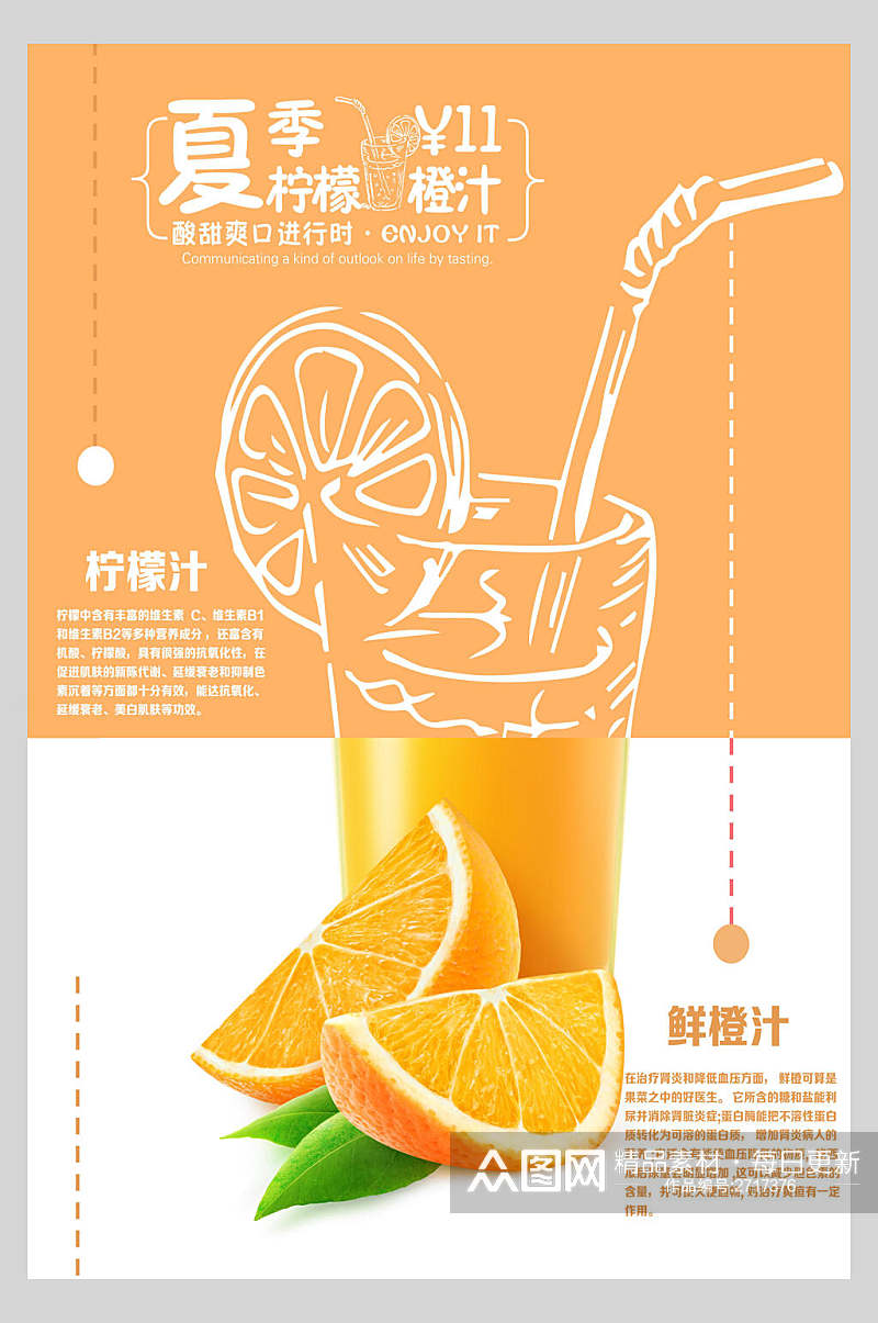 手绘橙汁果汁饮品店鲜榨宣传食品海报素材