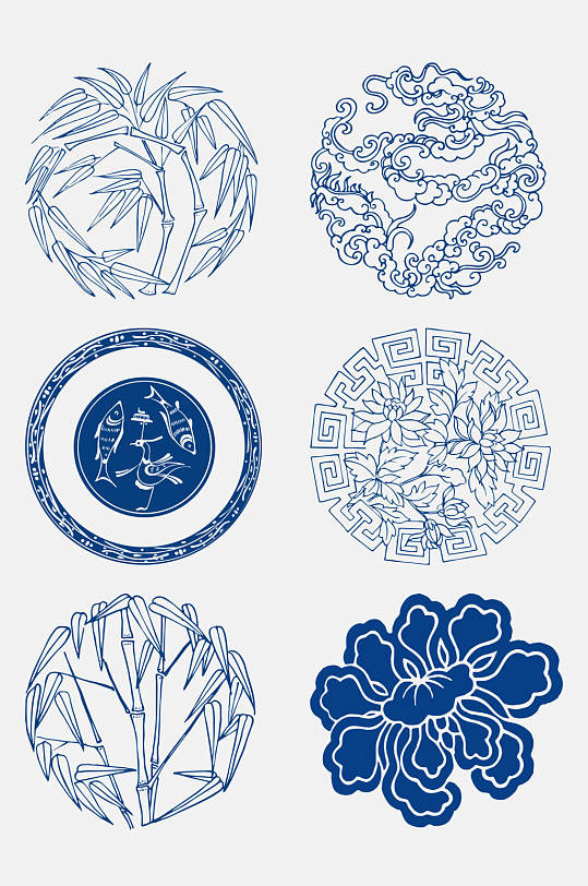 大气古代青花瓷图案花纹免抠设计元素