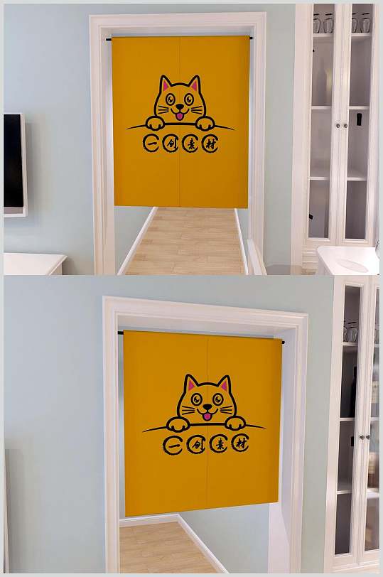 黄色手绘卡通猫门帘样机