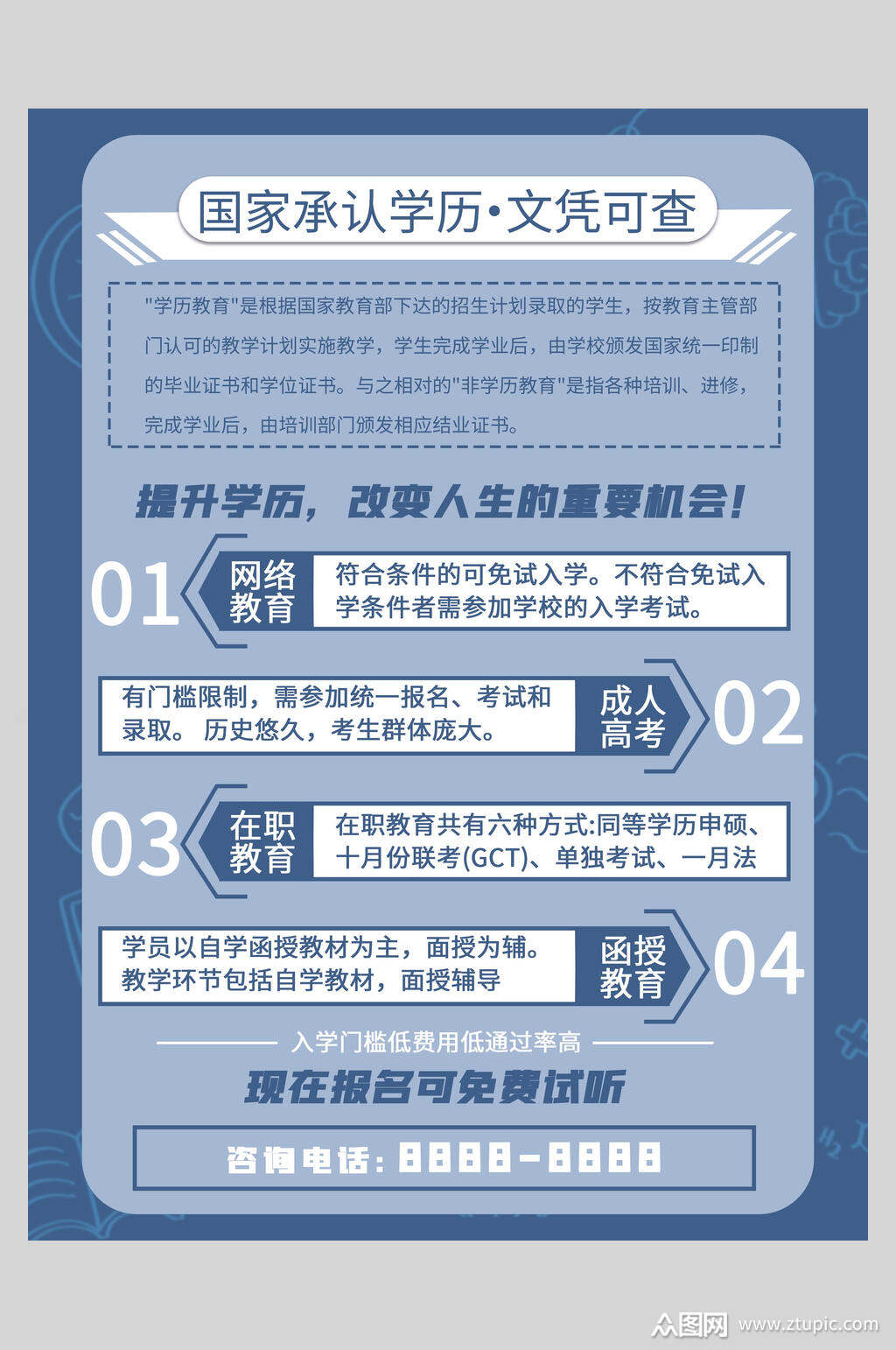 蓝色提升学历招生培训宣传海报