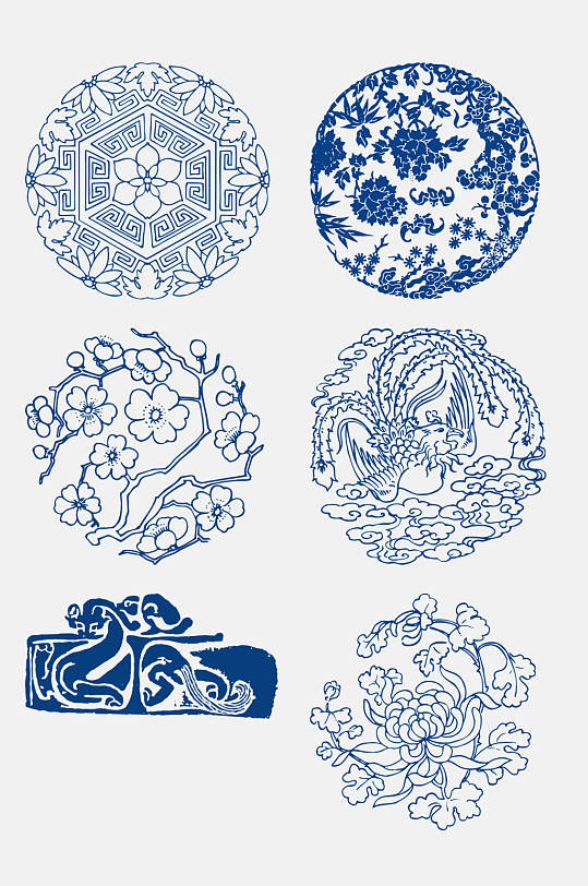 唯美古代青花瓷图案花纹免抠元素