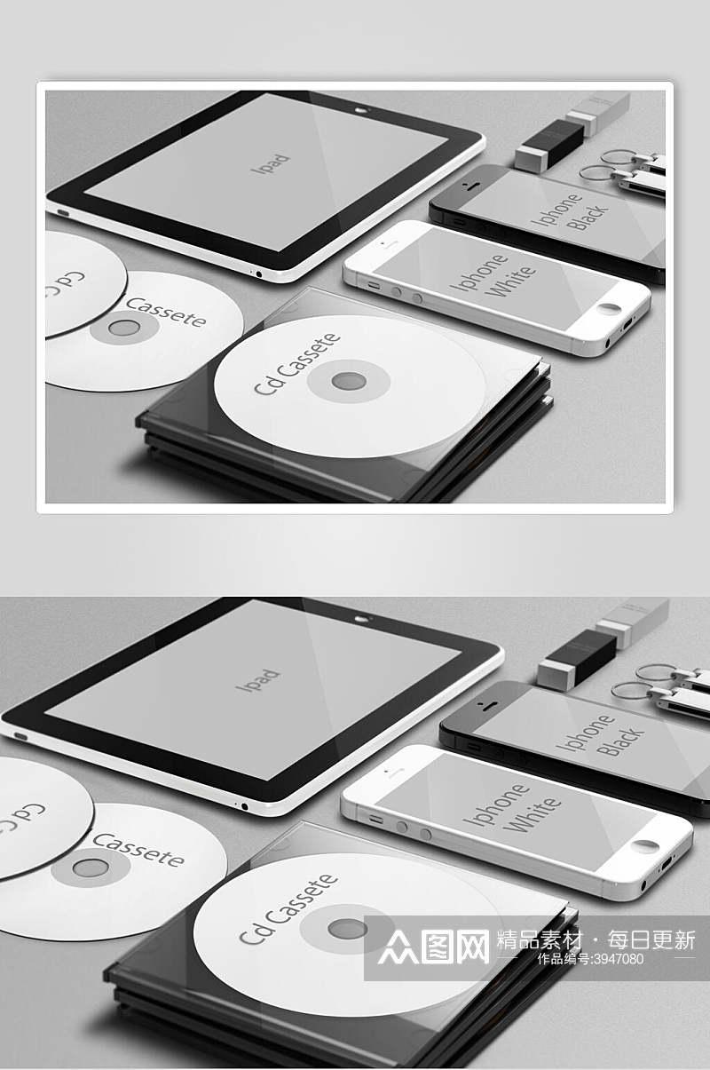 灰色光碟手机笔记本办公用品样机素材