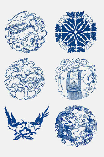 中国风古代青花瓷图案花纹免抠元素