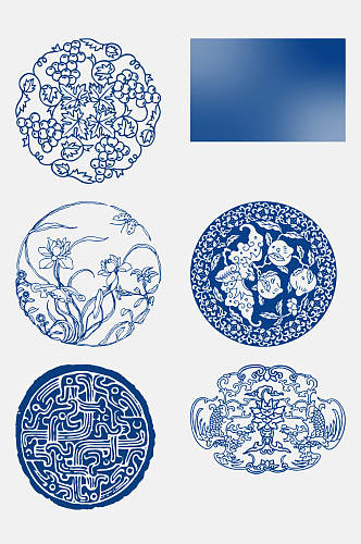 蓝色古代青花瓷图案花纹免抠元素