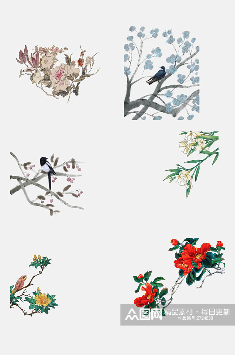 中国古风树木花鸟花卉植物免抠元素素材