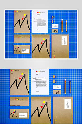 蓝色格纹背景黄色包装袋办公用品样机