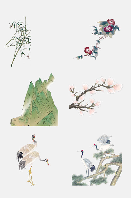 国潮中国古风花卉植物仙鹤免抠元素