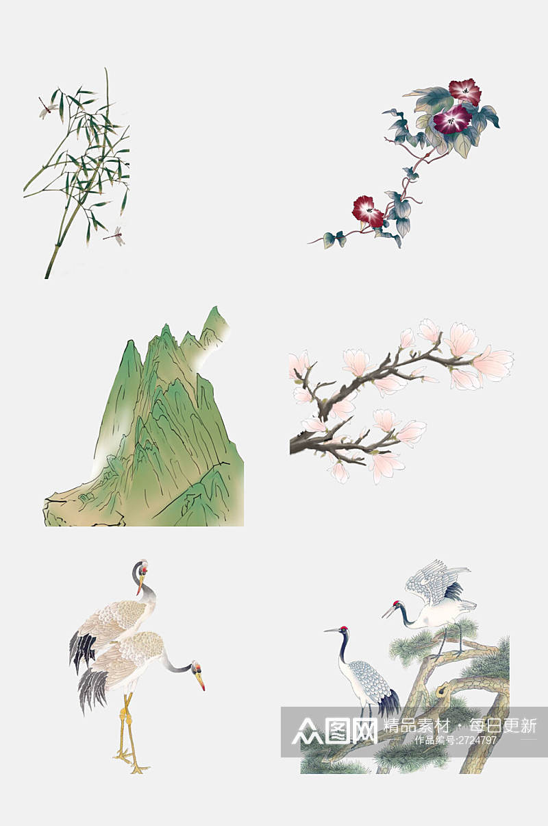 国潮中国古风花卉植物仙鹤免抠元素素材