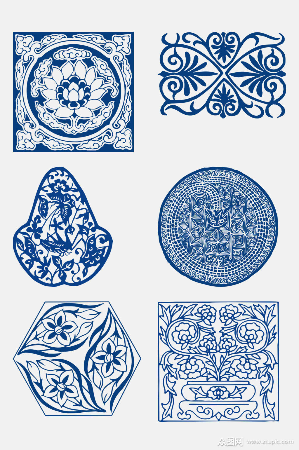 中国风精美古代青花瓷图案花纹免抠元素素材