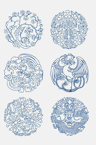 高端古代花卉凤凰青花瓷图案花纹免抠元素