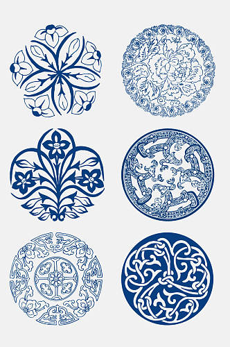 古代花卉青花瓷图案花纹免抠元素